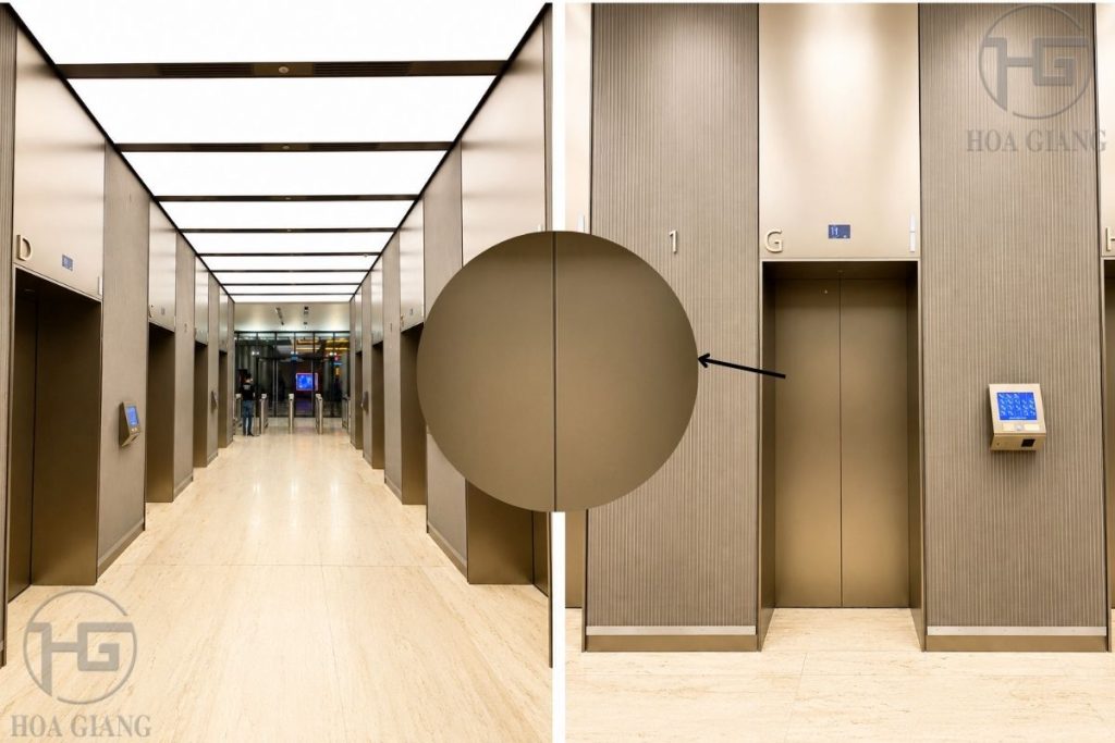 hình ảnh minh họa inox ốp thang máy màu vàng đồng sang trọng