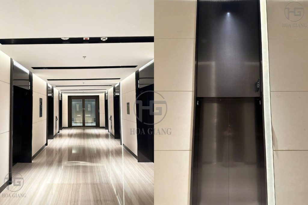 Inox đen bóng ốp thang máy mang lại cảm giác sang trọng - Dự án do Hoa Giang thực hiện